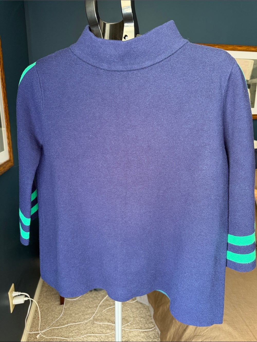 Navy Mock-Turtleneck Sweater with Teal Stripe Sleeves